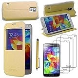 ebestStar   Coque Compatible avec Samsung S5 G900F, Galaxy S5 New G903F Neo Etui Housse Portefeuille Livre avec Fenêtre Flip View Cover +Stylet +3 Films, Or/Doré [Appareil: 142x72.5x8.1mm 5.1'']