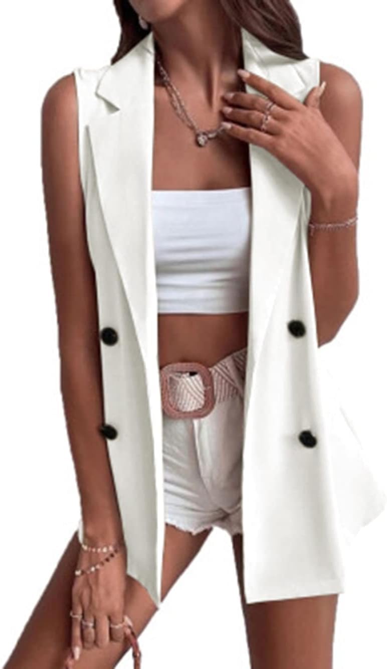 Womens Sleeveless Blazer Vest Summer Casual Open Front Cardigan Double Breasted Jacket with Pockets