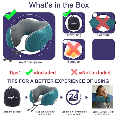 Image of napfun Neck Pillow for Traveling, Upgraded Travel Neck Pillow for Airplane 100% Pure Memory Foam Travel Pillow for Flight Headrest Sleep, Portable Plane Accessories, Teal