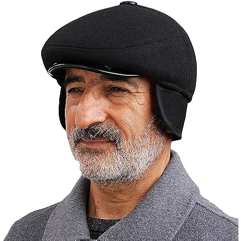 Men's Winter Flat Cap with Ear Flaps Wool Warm Newsboy Hat Derby Tweed Irish Cap Peaked Gatsby Beret Hat Grandad Driving Cap Black Cover