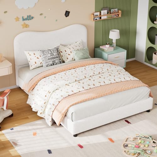 GarveeHome Full Size Bed Frame for Kids with Velvet Upholstered Headboard, Cute Low Profile Platform Bed for Girls and Boys, No Box Spring Needed, Strong Wooden Slats, Noise Free, Easy Assembly, White