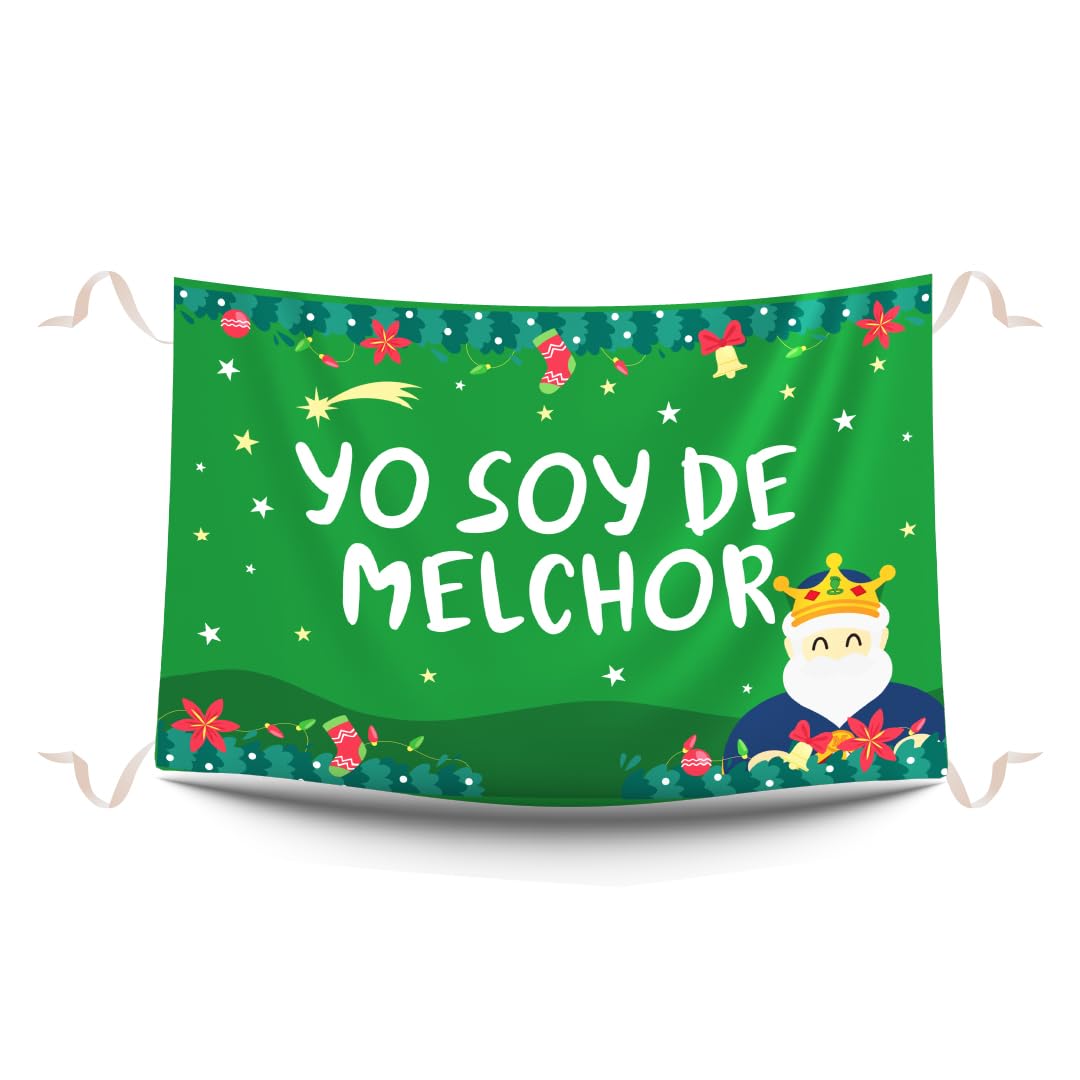 Balconeras de Navidad Yo soy de Melchor. Decoración navideña y colgaduras divertidas de Navidad. Reposteros navideños para decorar balcones impresos en tela mate. Medidas 100 x 70 cm.