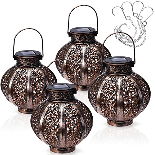 Paquete de 4 faroles solares colgantes para exteriores, impermeables, con asa y cadenas colgantes, luces de mesa de metal retro para jardín, patio, césped, patio (bronce)