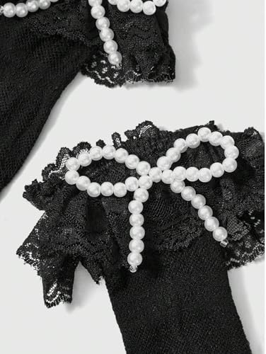 Women's Cute Lace Calf Socks with Pearl and Bowknot, Frilly Ruffle Trim, Lolita Style Sock, One Size3