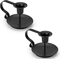 AinDen Black Metal Taper Candle Holders Set of 2 - Vintage Chamberstick with Handle, Farmhouse Rustic for Table Decor, Halloween & Christmas