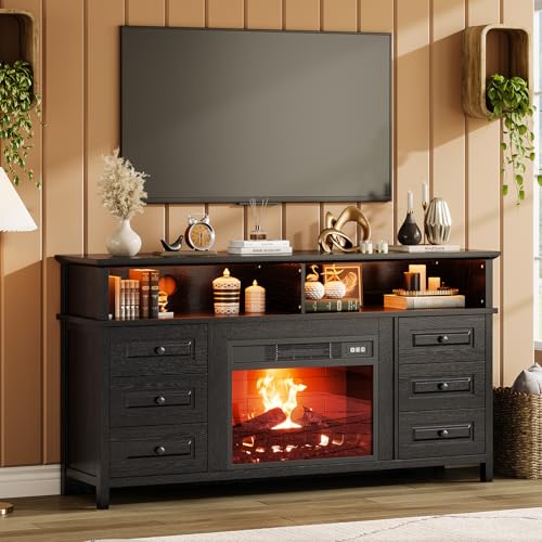 GarveeHome Fireplace TV Stand for TVs Up to 65",60 inch Entertainment Center with LED Light&Adjustable Shelf,Farmhouse Console with 6 Drawers,23''Elec