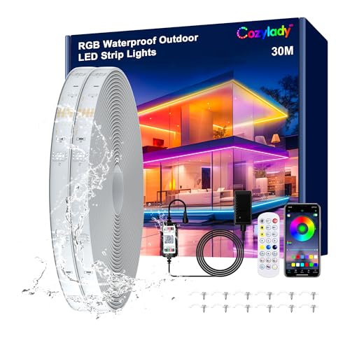 30m Outdoor LED Strip Lights, 100ft Cozylady IP67 Waterproof Bluetooth RGB Light with App & Remote Control, Music Sync Flexible 24V Led Light Strips for Pool Gazebo Balcony Eave Patio Party Decor