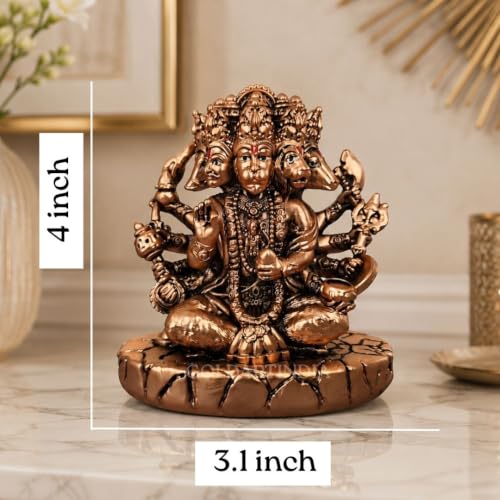 Image of Gold Art India Panchmukhi Hanuman Idol | Copper Antique Matte Finish Murti | Premium Polyresin Statue | Spiritual Home Decor for Mandir, Office & Car Dashboard | Premium Gift | 4 Inch