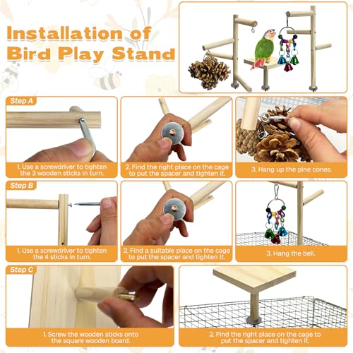 Image of PINVNBY 3 PCS Wooden Small Bird Playground for Top of Cage, Wood Parrot Stands Perch Birds Gym with Hanging Chewing Toys Bird Cage Accessories for Parakeet Conure Love Birds Budgie