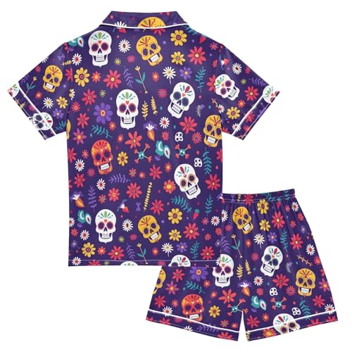 ALAZA Sugar Skull Flower Floral Cute Pajamas Satin Pajama Set Short Sleeve Button Down Sleepwear2