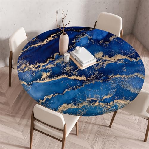 Muiuou Waterproof Elastic Fitted Round Tablecloth,Marble Printing Reusable Waterproof Oil-Proof Edged Protector Round Tablecloth,for Fitted Kitchen Restaurant Picnic (Diameter 130cm,Marble 8)