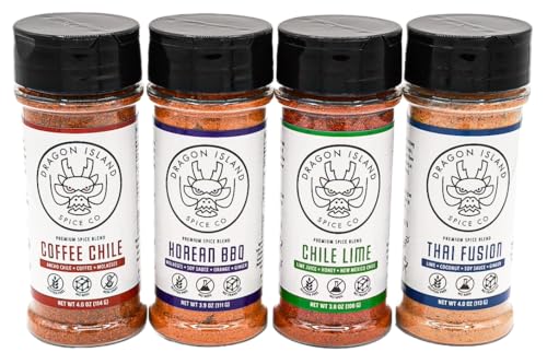 Dragon Island Spice - Chile BBQ Spice Set | Gift For Cooks, Thai Seasoning, Korean BBQ, Grilling Spices, Seasoning Gift Set, 4 Spice Jars