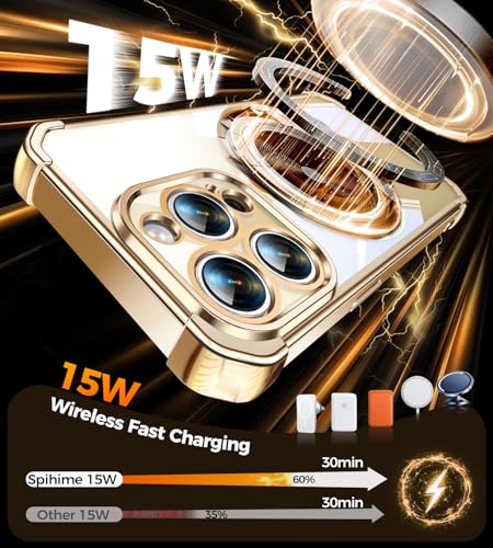 Image of Soft Case for iPhone 13 Pro with 360 Rotating Magnetic Stand, Compatible with Mag-Safe, 4X MIL-Drop Protection, Lightweight Glossy Anti-Yellowing Clear Back Phone Cover for iPhone 13 Pro 6.1 inch, Gold
