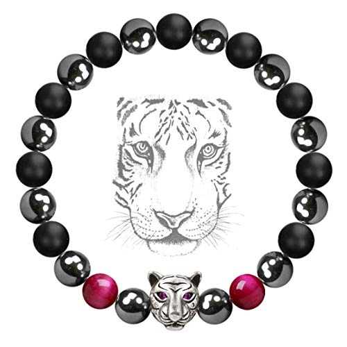 Karseer White Tiger Head Anxiety Bracelet, Crystal and Healing Stones Rose Tiger Eye