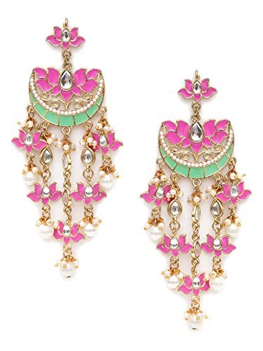 Karatcart Gold Plated Pink Meena Lotus Design Kundan Dangler Earrings for Women - Image 5