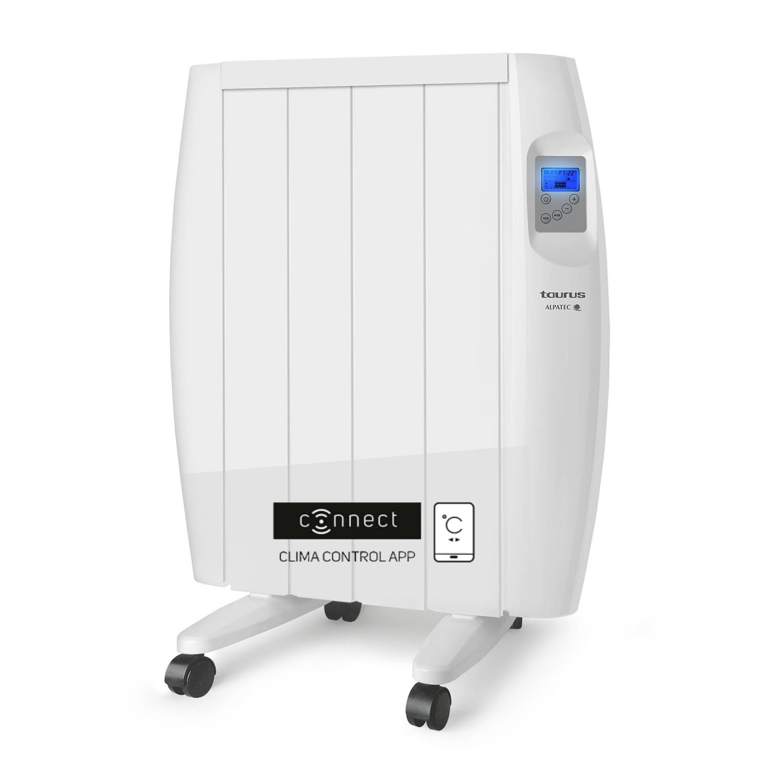 Taurus - Emisor Térmico WIFI Malbork Connect 600W | 3 Modos + Temperatura Ajustable | Ruedas + Soporte | Radiador Eléctrico APP Alexa Google Home | Apto Baños IP24 | Pantalla LCD | 6m2 | 58x45.5x8