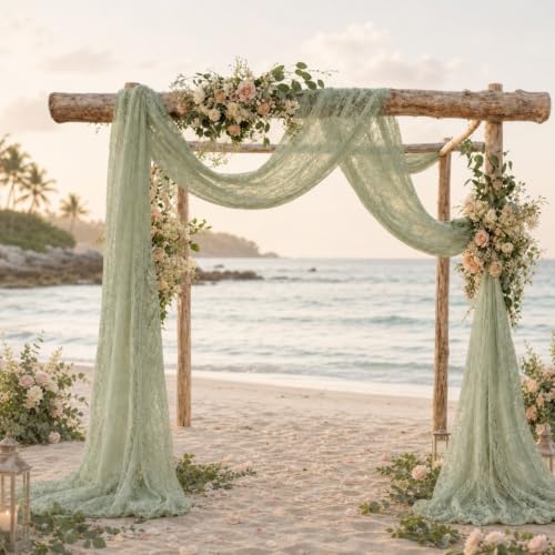 Image of HunnmingRe 2 Panel Sage Green Wedding Arch Draping Fabric Summer 30 inch X 18 FT Lace Wedding Arch Drapery Embroidered Boho Rustic Backdrop Vintage Decor for Bridal Shower Church Ceremony Decoration