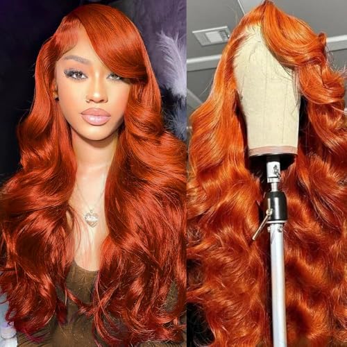 LKJY 13x6 Ginger Orange Lace Frontal Wigs Human Hair Pre Plucked 200% Density Body Wave 13x6 HD Transparent Lace Frontal Wig Glueless 88J Colored Bralizian Virgin Human Hair Wigs for Women 22inch