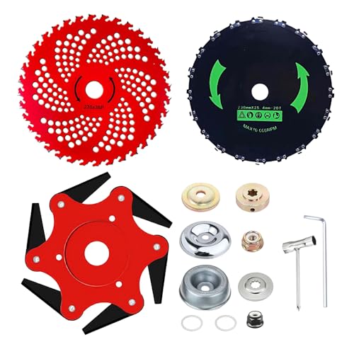 Brush Cutter Blade Kit, 9in 36T Carbon Steel Disc, 9in 20T Chainsaw Tooth Blade, 6-Blade Razor Head, with Adapter Kits Compatible with Stihl, Ego, Oregon, Hitachi Trimmer (3 PCS with Accessories)