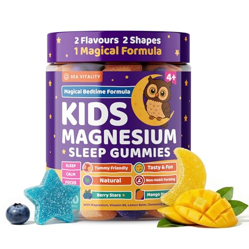 Kids Magnesium Glycinate Sleep Gummies Calm Focus & Relaxation Support with Magnesium B6 L-Theanine & Chamomile Berry Stars & Mango Moons 120 Vegan Gummies Star & Moon Shape Age 4+