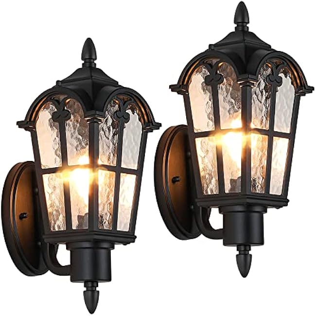Outdoor Wall Light Fixtures Wall Mounted, Exterior Waterproof Porch Lights Wall Lanterns, Outside Wall Sconces with Water Ripple Glass for House Front Door Garage, Retro Vintage Style, 2 Pack