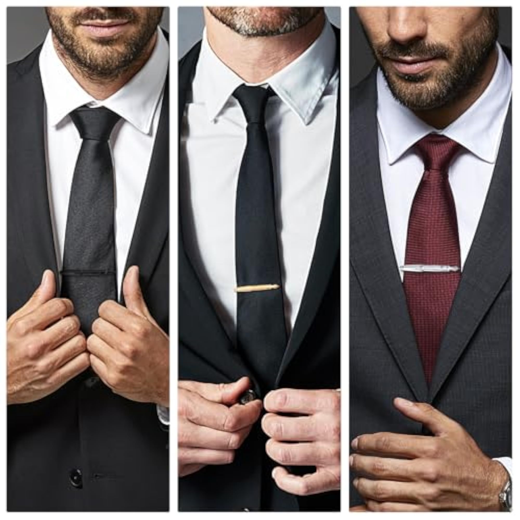 Men's Gold, Silver & Black Tie Pin Clip Set of 3, Gift Box