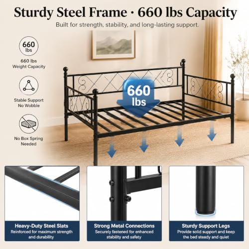 Image of Garvee Daybed with Pull Out Trundle, Metal Sofa Bed Frame with Heart Headboard, Steel Slat Support, No Box Spring Needed, Guest Bed for Bedroom, Living Room