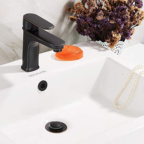 Image of REGALMIX Oil Rubbed Bronze Pop UP Drain, Bathroom Vessel Lavatory Vanity Faucet Sink Stopper, Built-In Anti-Clogging Strainer, Fits Standard Drain Hole(1-1 /2 inch to 1-3 /4 inch),without Overflow R085C-ORB