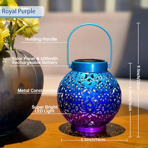 Image of 2 Pack Outdoor Solar Hanging Lantern Lights Metal LED Decorative Lamp for Garden Patio Courtyard Lawn and Table with Hollowed-Out Design (Royal Purple)