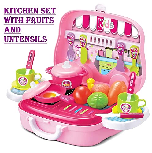 Image of LONGMIRE Kids Kitchen Play Set in Carry Case | Pretend Cooking Toy with Pots | Fruits | Utensils & Stove | Portable Suitcase KitchenToy for Girls & Boys 3+ Years