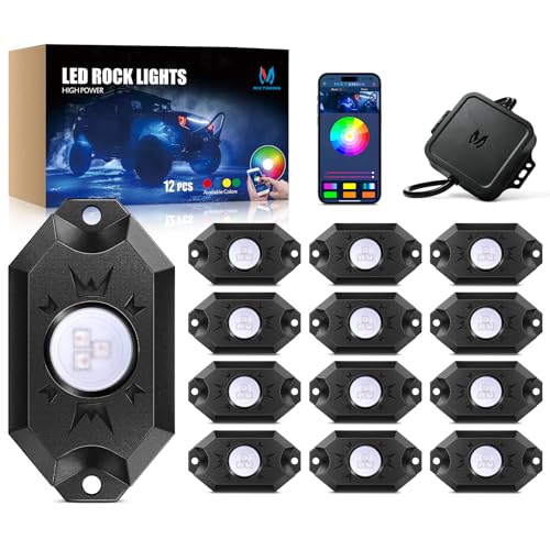 MICTUNING 2nd-Gen CM RGB Rock Lights - 12 Pods Waterproof Multicolor Neon Underglow Kit with Bluetooth App Control & Music Mode for Trucks Pickup UTV SUV ATV （2 Year Warranty）