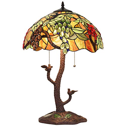Bieye L10765 Grape Tiffany Style Stained Glass Table Lamp with Tree Trunk Mosaic Base, 24-inches Tall