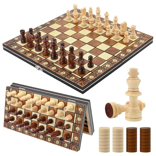 NAWOKEENY 3 In 1 Magnetic Chess Set Draughts Board Games Backgammon 12 Inch Folding Wooden Chess Board for All Players Portable Travel Chess Board Game Sets with Chess piece and Storage Slots