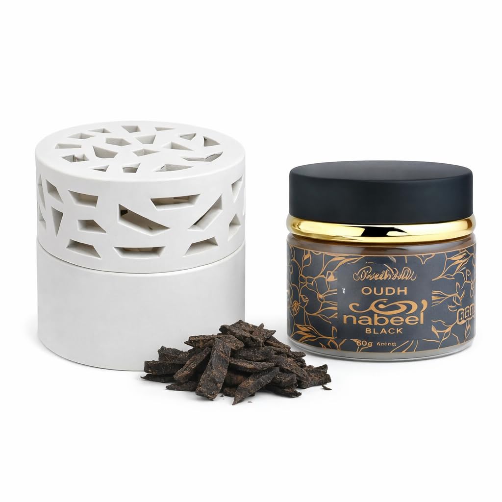 Jrose Collections White Nabeel Black Oudh Bakhoor Incense Chips 60G With Resin Burner Heat Release Home Fragrance Set For Living Room Bedroom And Relaxation Spaces