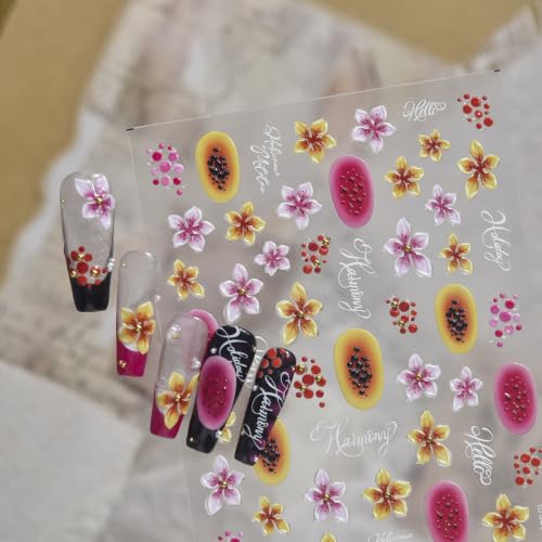 Image of Flower Nail Stickers Decals 5D Embossed Self Adhesive Fruit Nail Decals | Watercolor Floral Nail Art Decals Pink Yellow Nail Art Stickers for Women Holiday Manicure Decor Accessories Supply 1 Sheet
