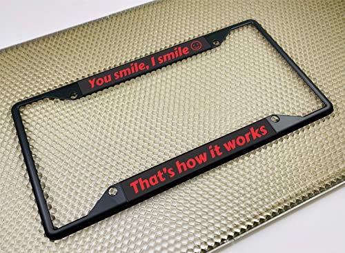 Image of Personalized with Custom Text Design - 4 Hole Black Metal Laser Engraved US Standard Size - Car License Plate Frame with Free caps - Black /Red Text (Qty: 1 Frame)