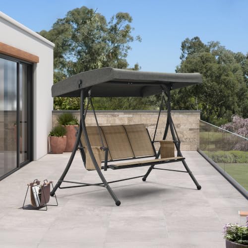 Image of PURPLE LEAF 3-Seat Outdoor Porch Swing with Adjustable Canopy, Heavy Duty Aluminum Frame Patio Swing Chair for Adults, Ideal for Backyard Patio Poolside, Camel
