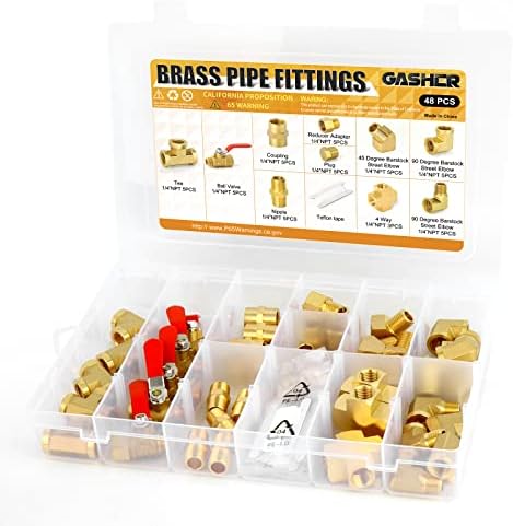 GASHER 48PCS 1/4"NPT Brass Pipe Fittings Kit，Coupling，90 Degree Elbow，45 Degree Elbow，Nipple，Ball Valve，Plug，Tee，4 Way，Reducer Adapter