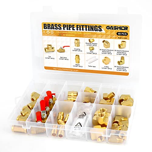Gasher 48Pcs 1/4"Npt Brass Pipe Fittings Kit，Coupling，90 Degree Elbow，45 Degree Elbow，Nipple，Ball Valve，Plug，Tee，4 Way，Reducer Adapter #TOP22