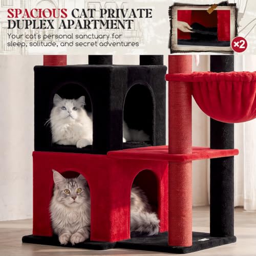 Image of Globlazer Cat Tree Tower for Indoor Cats, Sturdy Adult Cat Tree House for Large Adult Cats with 2 Platform, 6 Cat Scratching Post, 2 Cat Caves, Dangling Toys, S63, 63 inch, Red Black