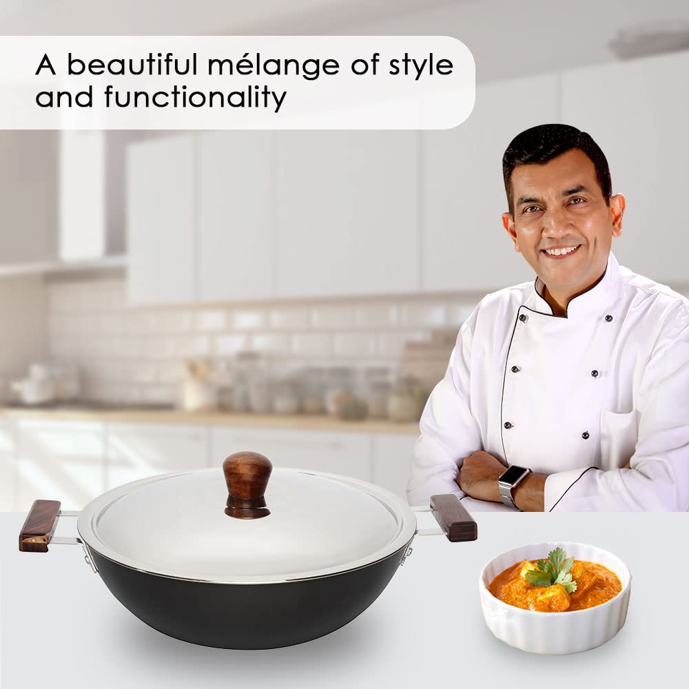 Wonderchef Ebony Aluminium Hard Anodized Deep Kadhai/Kadai with Lid - 24 cm, 3 Litre | Ideal for Sauteeing Veggies, Dal and Curries | Black - Image 2 thumbnail