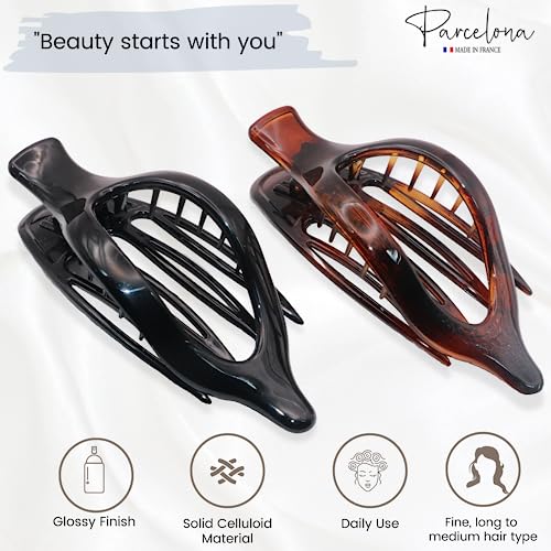 Parcelona French 2-Piece Oversized Claw Clip Set — Tortoiseshell & Black — view 2