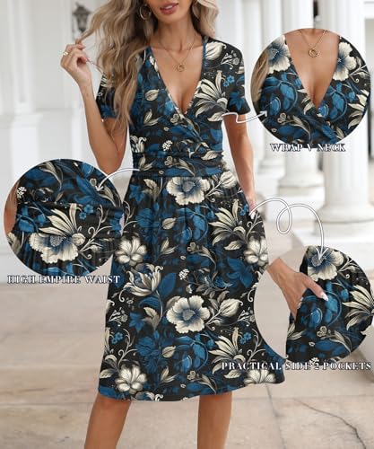Image of NILOUFO Women's Summer Short Sleeve Casual Dress Wrap V Neck Party Midi Dresses with Pockets