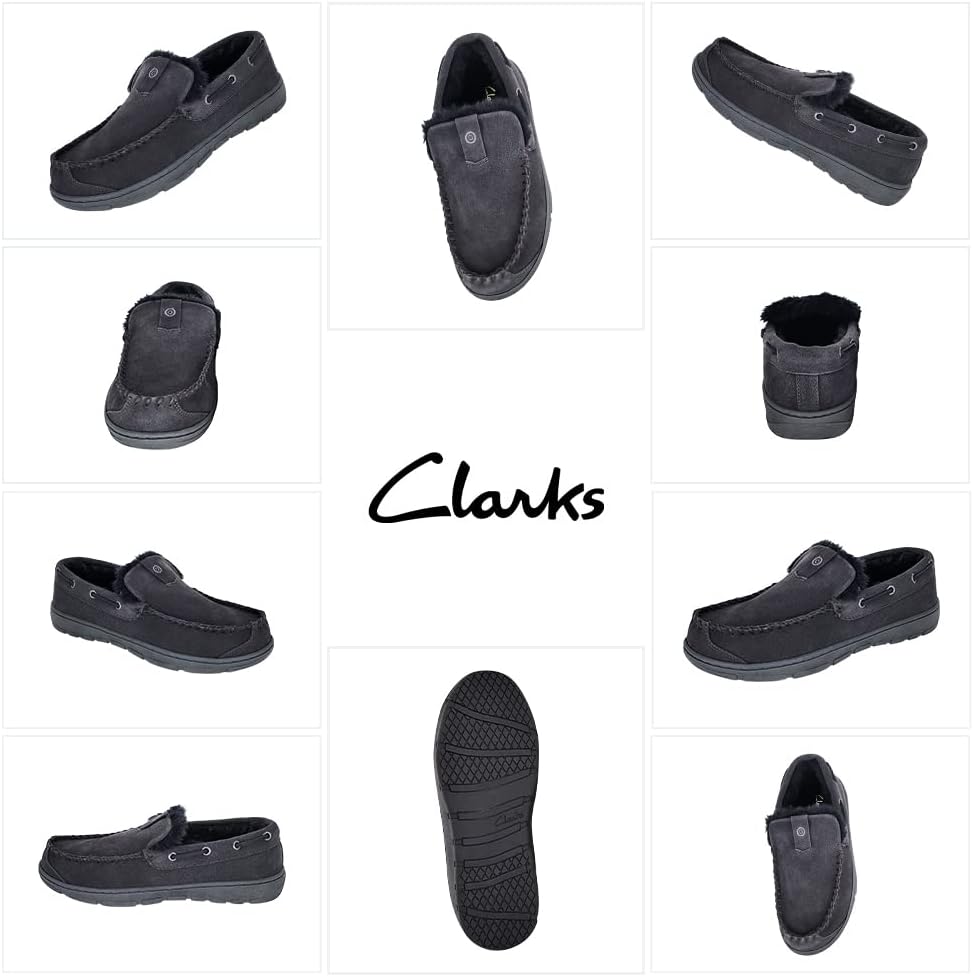 Clarks Mens Suede Venetian Moccasin Slipper LB0534 - Warm Plush Faux Fur Lining - Indoor Outdoor House Slippers For Men Grey US 13M - Image 3