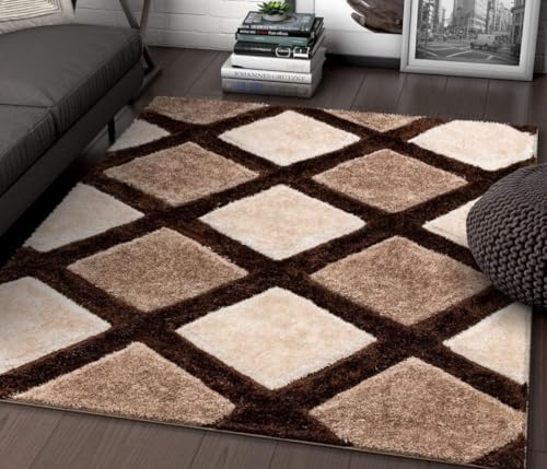 Image of Modern Shaggy Floor Carpets for Living Room | Hand Made Soft & Fluffy Bedside Runner Rugs for Bedroom,Hall,Pooja Room & Area Rugs for Sofa Area (6x9 feet Coffee line)