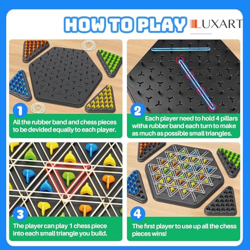 Image of LUXART Chain Triangle Chess Game | Rubber Band Geometry Strategy Board Game for Kids & Adults | 25 x 25 cm Educational Puzzle Toy for 2-4 Players | Includes 84 Pieces & Storage Bag