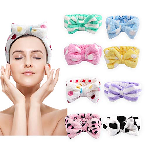 Cubaco Spa Headband Hair Wrap Spa Facial Headbands for Women 8 Pack Bow Hair Band Bow Spa Headbands for Washing Face Soft Carol Fleece Bowknot Makeup Shower Headbands Head Wraps Shower Spa Mask (t2)