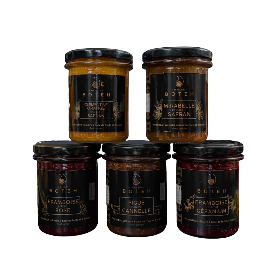 Maison Boteh, Coffret de 5 Confitures Artisanales, Framboise Litchi, Framboise Géranium, Figue Pomme, Mirabelle, Orange Clémentine, 225-235g
