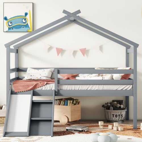 Twin Low Loft Bed with Slide, Twin House Loft Bed with Ladder, Wooden Loft Bed with Guardrails for Kids Bedroom and Playroom, Natural