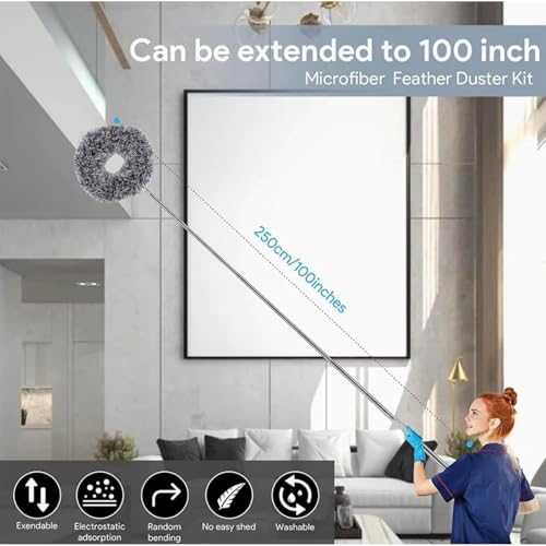 Image of Ceiling Fan Cleaner for High Ceiling, Extended Fan Blade Cleaner 13 inch to 71 inch, Reusable Microfiber with 6 Extension Poles for Wall and Furniture Door,